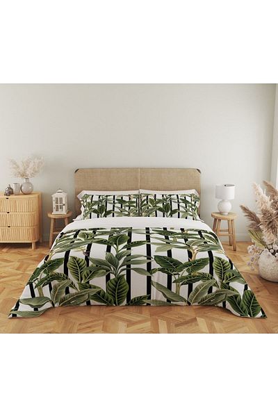 Evmila Set cuvertură de pilota dublă 200x220 cm 2 bucăți 50x70cm cu model frunze verzi - alb