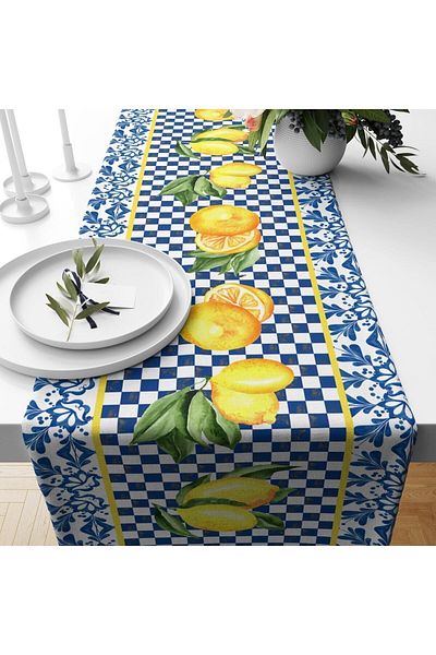 Evmila Blue Gingham Lemon Pattern Velvet Runner