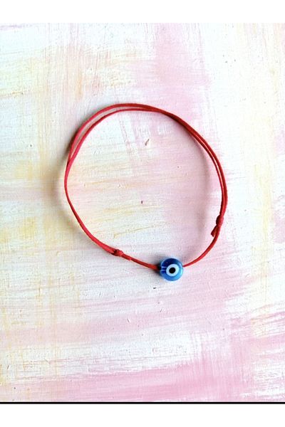 Atelier Çağla Red String Bracelet with Glass Evil Eye Beads - Light Blue