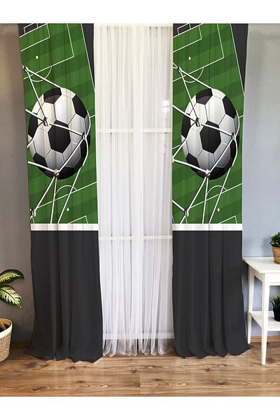 Evmila Printed Football Ball And Field Patterned Single Wing Velvet Texture Background Curtain - Green And Black