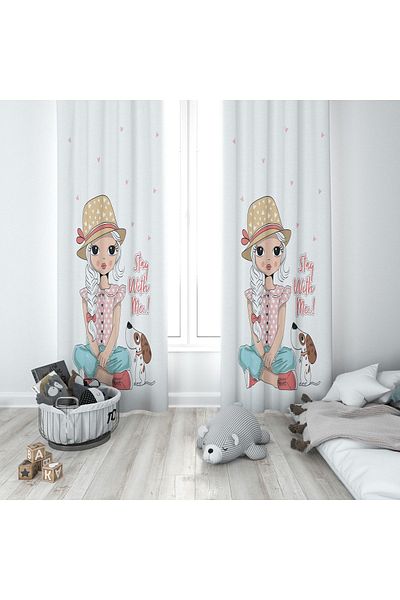 Lolla Girl with Dog White Background Curtain 114