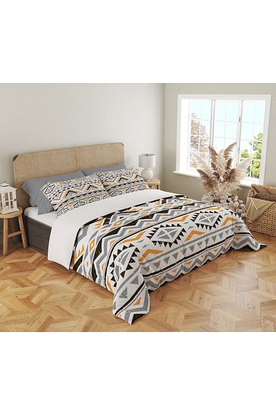 Evmila Model Geometric Imprimat Dublu 200x220 Cm 2 Bucuri 50x70cm Set Pilomă - Ecru