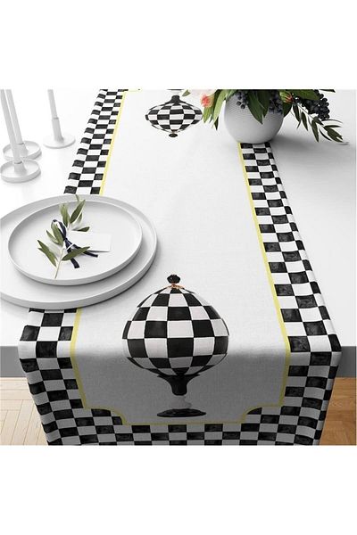 Evmila Runner din catifea cu model Gingham negru