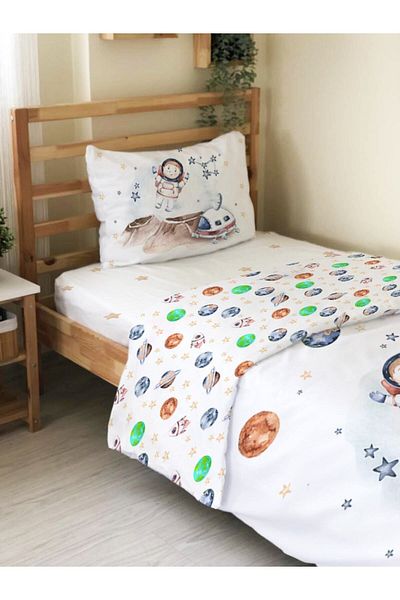 Evmila Set de 2 lenjerie de pat cu model astronaut pe două fețe, fără cearșafuri, alb