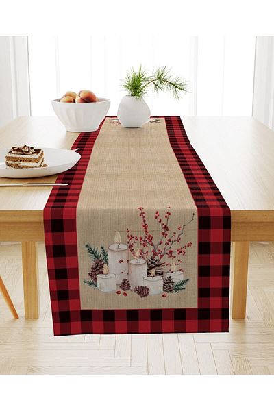 Evmila Christmas Themed Candle Patterned Velvet Runner