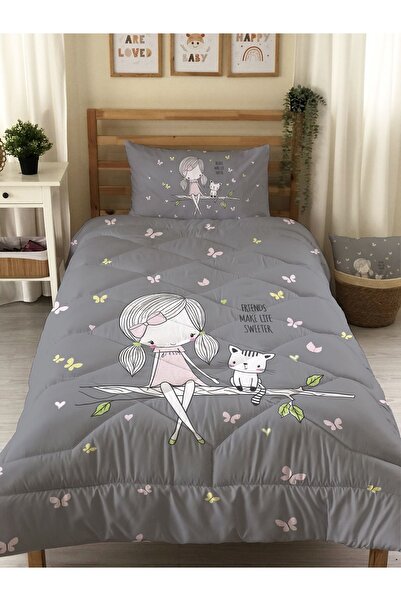 Evmila Kedi Ve Kız Desenli Kapitone Yorgan,dekoratif Yatak Örtüsü