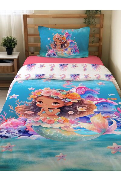 Evmila Denizkızı Desenli Çarşafsız 2'li Takım Baskılı Tek Kişilik Nevresim Ta...