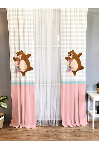 Evmila Printed Teddy Bear and Ballerina Patterned Single Wing Velvet Texture Background Curtain - White