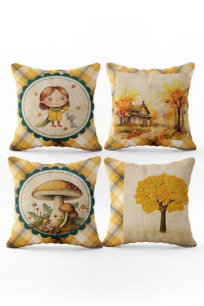 Evmila Set de 4 perne cu model de toamnă și dovleac cu textura de catifea imprimată pe două fețe