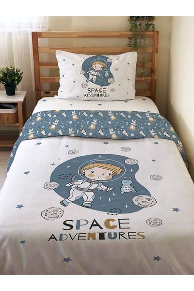 Evmila Set de 2 lenjerie de pat cu model astronaut pe două fețe, fără cearșafuri, alb