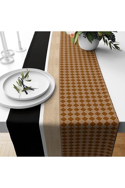 Evmila Runner din catifea cu model maro Baklava