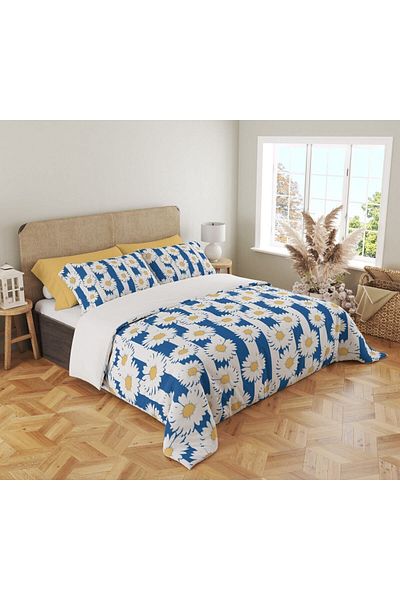 Evmila Set cuvertură de pilota dublă 200x220 cm cu model margaretă cu dungi albastre și albe - albastru