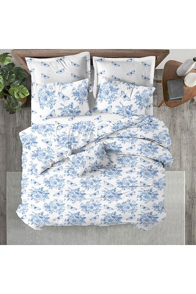 Evmila Model Fluture Imprimat Dublu 200x220 Cm 2 Bucuri 50x70cm Set Pilomă - Albastru Alb