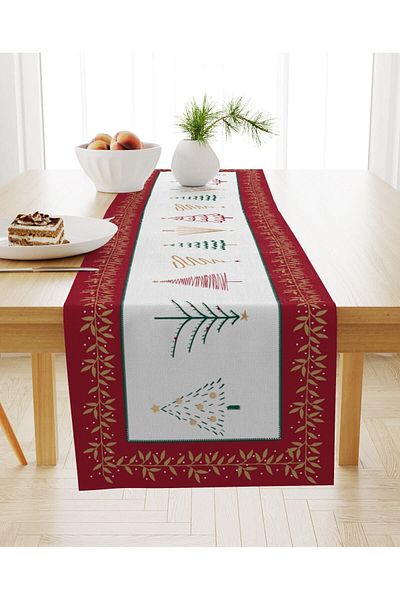 Evmila Christmas Themed Tree Patterned Velvet Runner