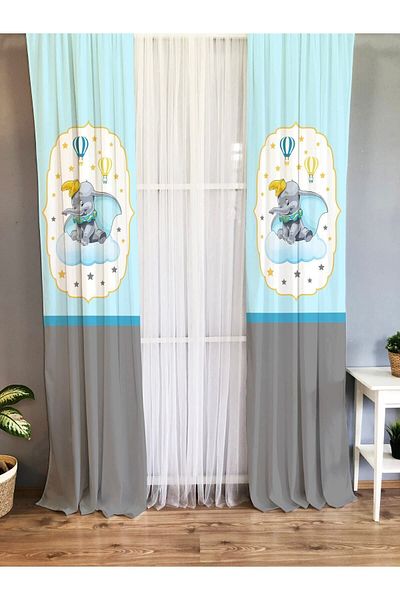 Evmila Gray Single Wing Velvet Texture Background Curtain - Cloud Elephant Printed