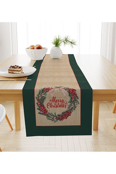 Evmila New Year's Themed Wreath Patterned Merry Christmas Written Velvet Runner