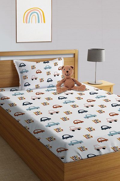 Evmila Car Pattern Printed Single 100x200 Cm Elastic Sheet Set White