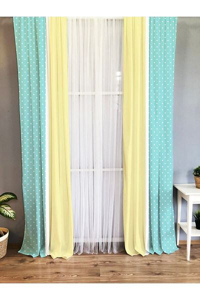 Evmila White Single Wing Velvet Texture Background Curtain - Turquoise and Yellow Printed