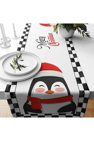 Evmila New Year's Themed Penguin Patterned Velvet Runner