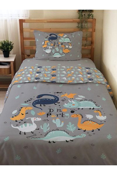 Evmila Double Sided Dinosaur Patterned 2-Piece Set Without Sheets Printed Single Duvet Cover Set Gray