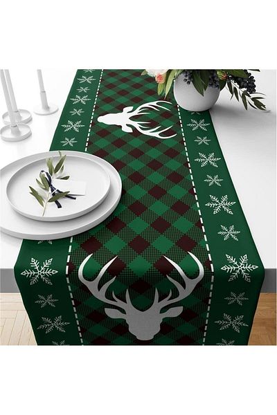Evmila Christmas Themed Velvet Runner with Deer Pattern