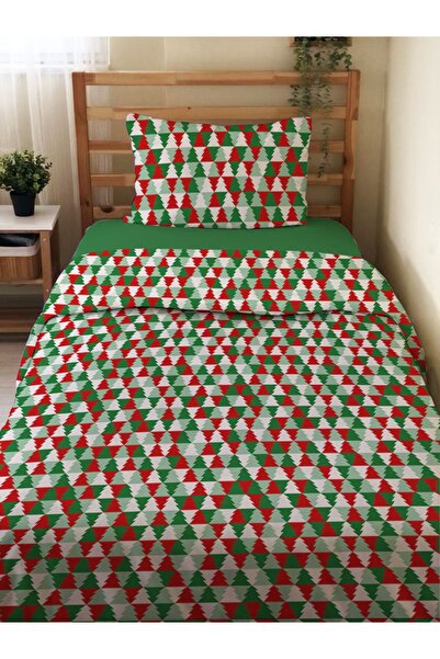 Evmila Çift Taraflı Yılbaşı Özel Çam Ağaç Desenli Çarşafsız 2'li Takım Baskıl...