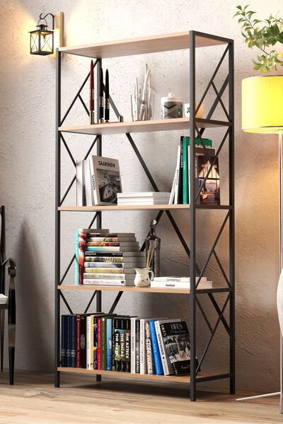 Cosargroup Dekoratif 5 Raflı Kitaplık Geniş Metal Kitaplık Market Rafı Mağza ...