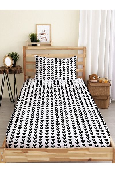 Evmila Black Heart Pattern Printed Single Elastic Sheet Set White