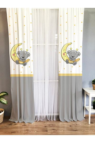 Evmila Moon and Panda Patterned Children's and Baby's Room - Background Curtain