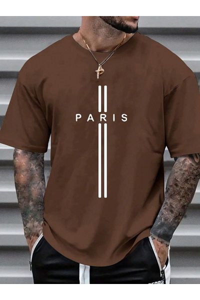 AFROGİYİM Ανδρικό μπλουζάκι με διπλή γραμμή Paris printed oversize