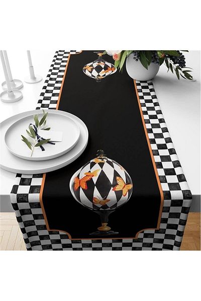 Evmila Runner din catifea cu model Gingham negru