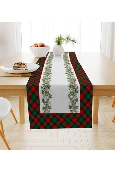 Evmila New Year's Themed Leaf Patterned Velvet Runner