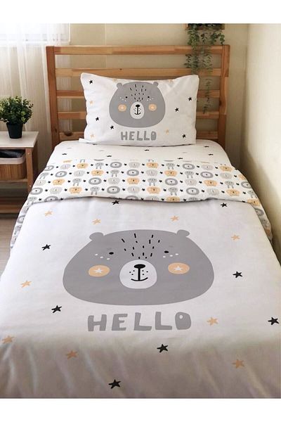 Evmila Bear Pattern Reversible- Σετ Παπλωματοθήκη 2 τεμαχίων χωρίς σεντόνια, εμπριμέ και εξατομικευμένη - Λευκό