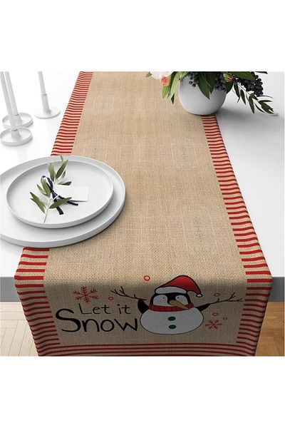 Evmila New Year's Special Snowman Patterned Let It Snow Written Runner