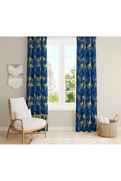 Evmila Velvet Texture Printed Tropical Branches Flower Patterned Background Curtain