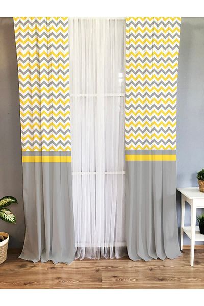 Evmila Printed Zigzag Patterned Single Wing Velvet Texture Background Curtain - Gray and Yellow