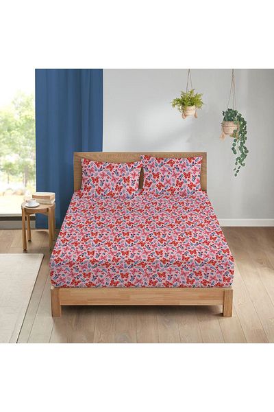 Evmila Butterfly Pattern Printed Double Sheet Set 160x200 Cm - Red Pink