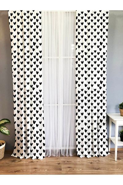 Evmila White Single Wing Velvet Texture Background Curtain - Black Heart Pattern Printed