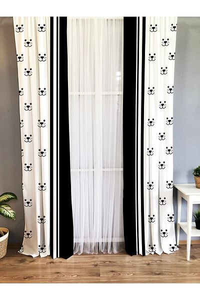 Evmila Printed Dog Pattern Single Wing Velvet Texture Background Curtain - Black And White