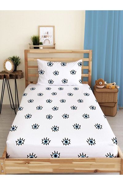 Evmila White Single Elastic Sheet Set - Blue Eye Pattern Printed
