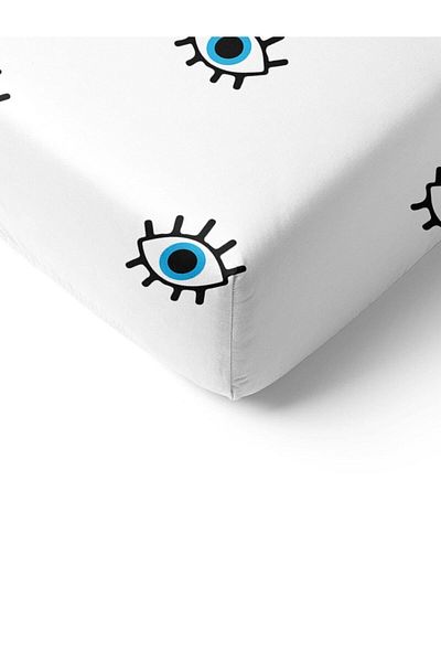 Evmila White Single Elastic Sheet Set - Blue Eye Pattern Printed