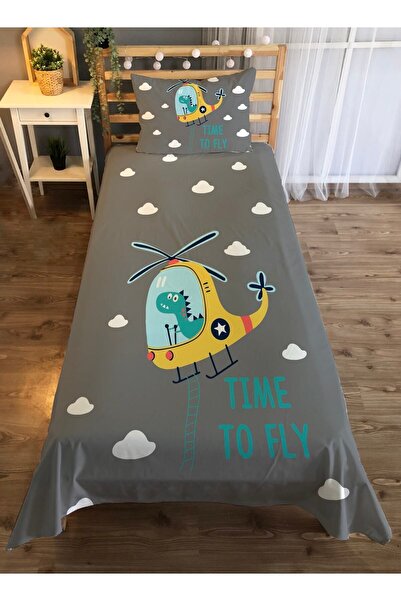 Evmila Uçak Desen Baskılı 140x220 Cm Dekoratif Yatak Örtüsü Gri