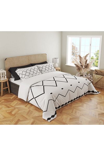 Evmila Model Geometric Imprimat Dublu 200x220 Cm 2 Bucuri 50x70cm Set Pilomă - Alb