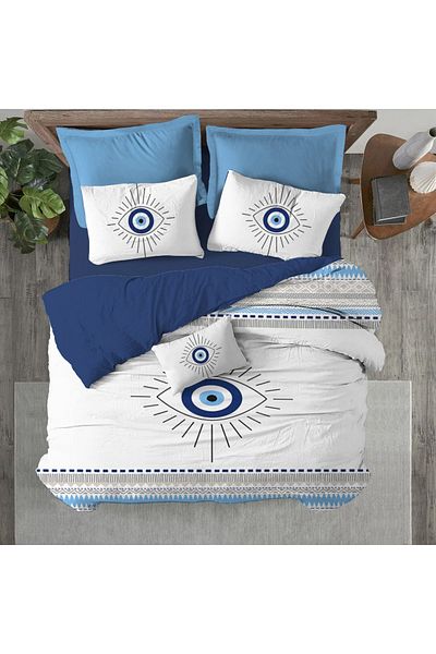 Evmila Model Ochi Imprimat Dublu 200x220 Cm 2 Bucuri 50x70cm Set Pilomă - Albastru