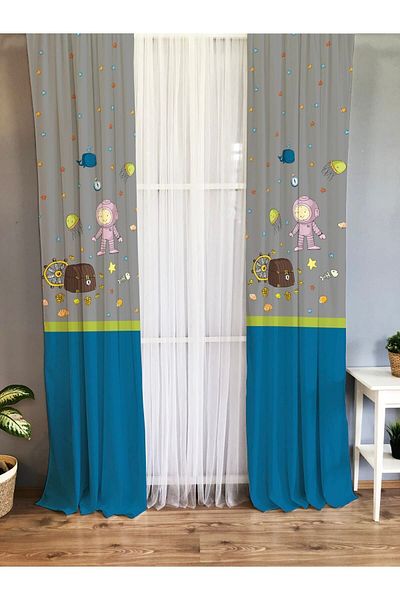 Evmila Diving Patterned Children's and Baby's Room Background Curtain with Treasure in the Sea