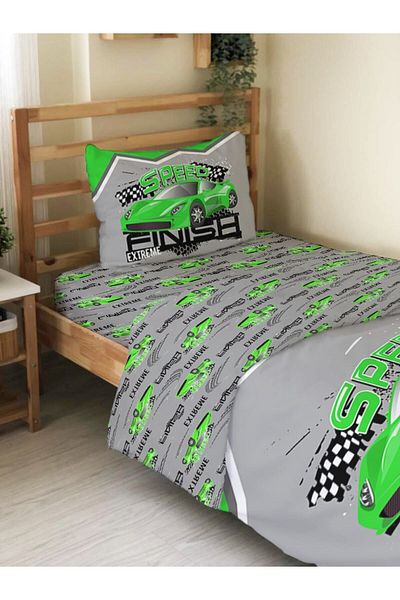 Evmila Double Sided Green Sports Car Pattern - Printed Single Duvet Cover Set Gray