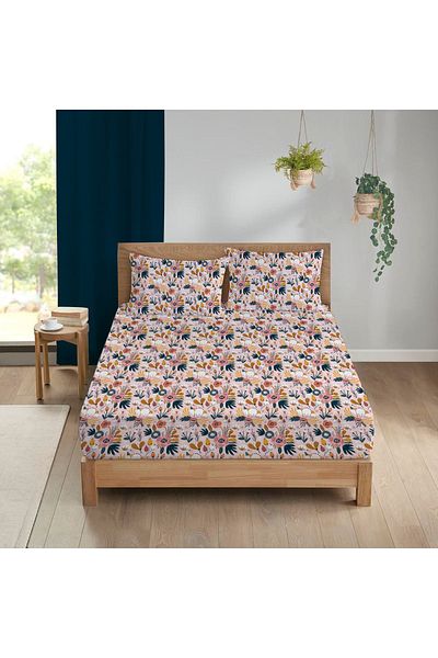 Evmila Flower Pattern Printed Double Elastic Sheet Set Colorful
