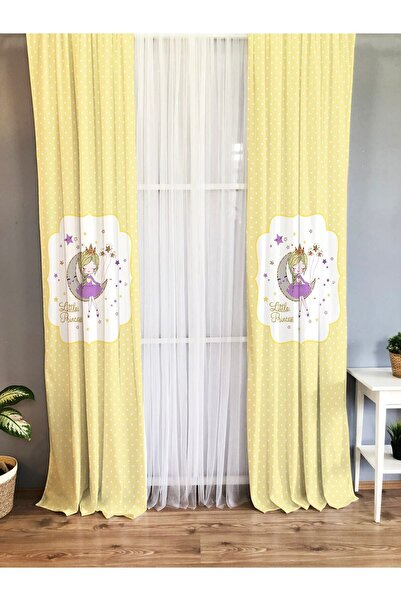 Evmila Baskılı Ay Kız Desenli Tek Kanat Kadife Doku Fon Perde - Sarı