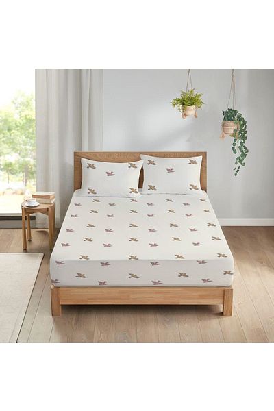 Evmila Bird Pattern Printed Double Sheet Set 160x200 Cm - White