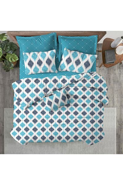 Evmila Model Geometric Imprimat Dublu 200x220 Cm 2 Bucuri 50x70cm Set Pilomă - Albastru